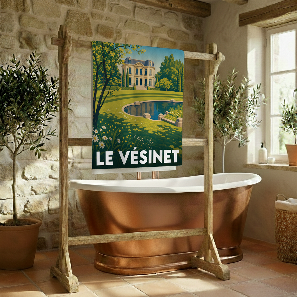 Serviette de bain souvenir de la ville de Le Vésinet avec une illustration stylisée d'un parc et d'un manoir.