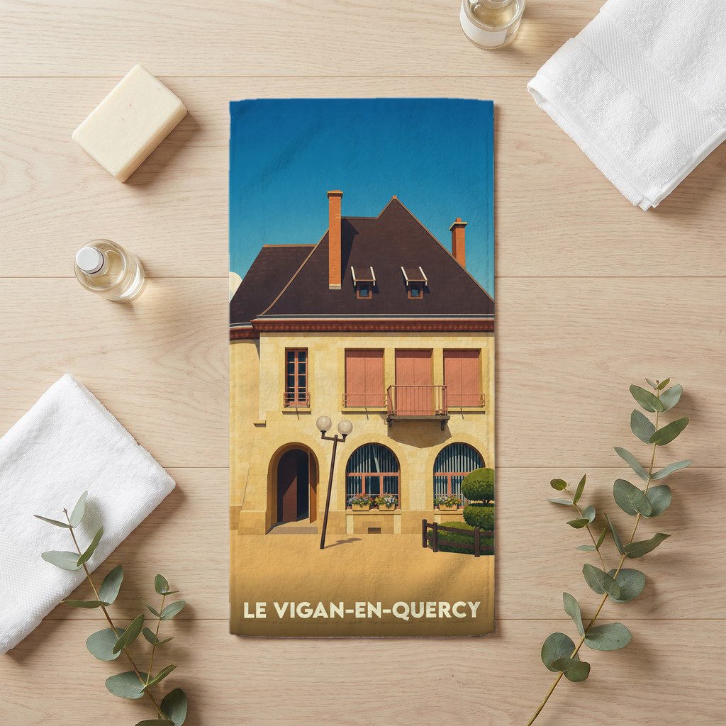 Serviette de bain souvenir de la ville de Le Vigan-en-Quercy avec une illustration stylisée d'un bâtiment traditionnel.