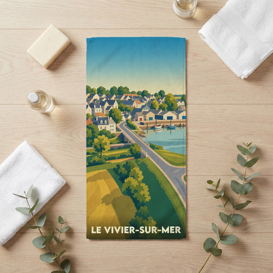 Serviette souvenir de la ville de Le Vivier-sur-Mer avec une illustration stylisée.