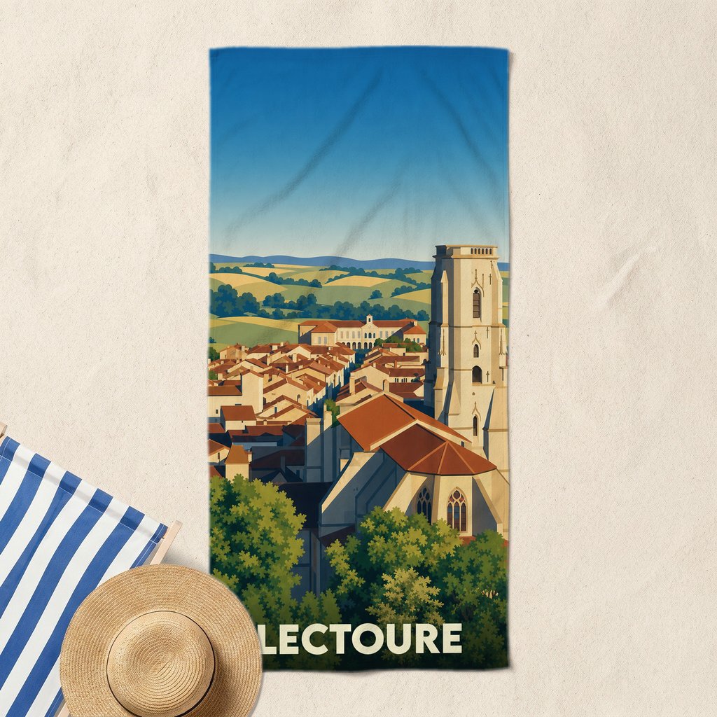 Serviette de bain souvenir de la ville de Lectoure avec une illustration stylisée.