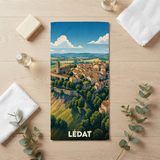 Serviette de bain souvenir de la ville de Lédat avec une illustration stylisée de son village.