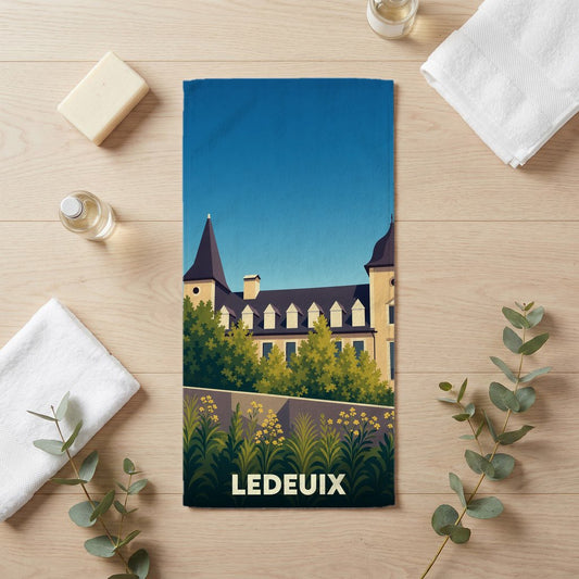 Serviette de bain souvenir de la ville de Ledeuix avec une illustration stylisée d'un château.
