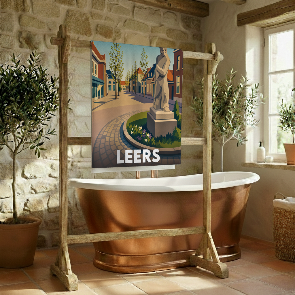 Serviette de bain souvenir de la ville de Leers avec une illustration stylisée.