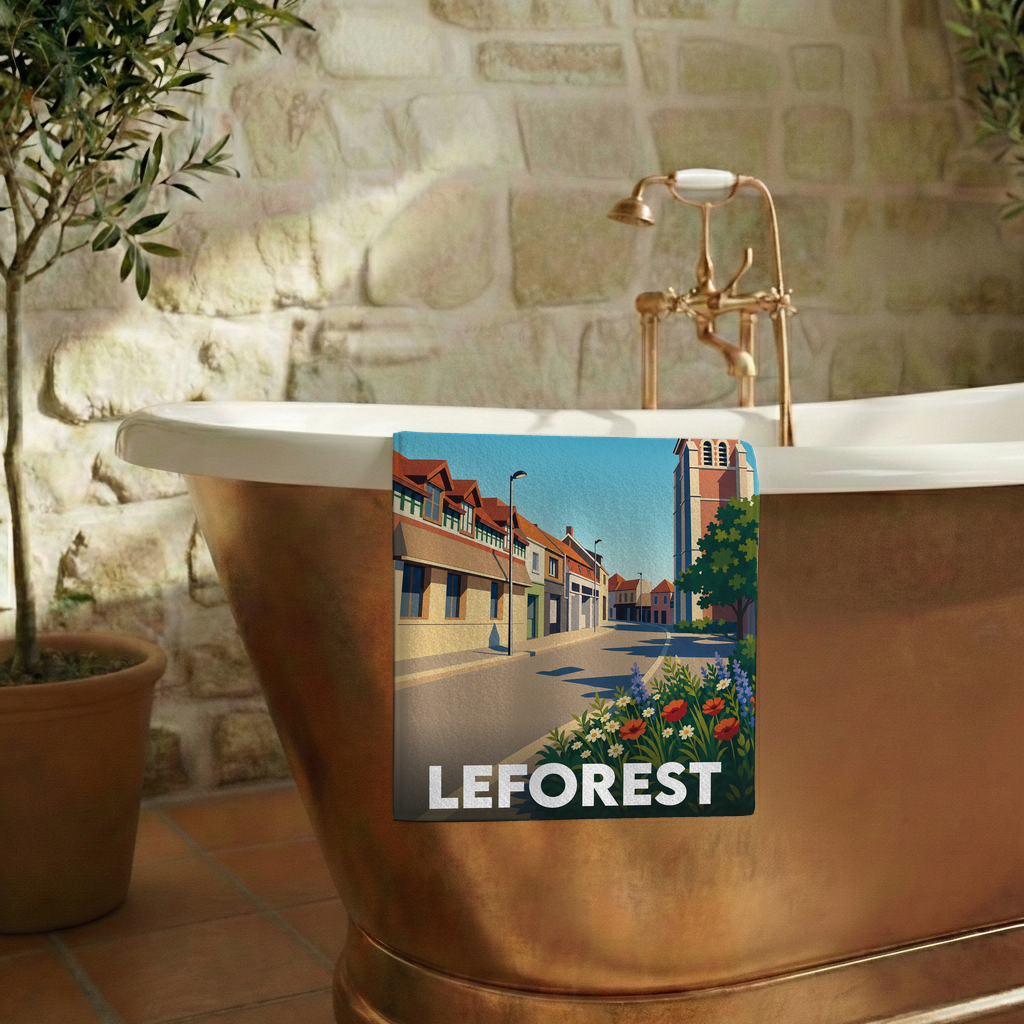 Serviette de bain souvenir de la ville de Leforest avec une illustration stylisée.