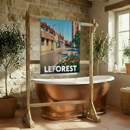 Serviette de bain souvenir de la ville de Leforest avec une illustration stylisée.