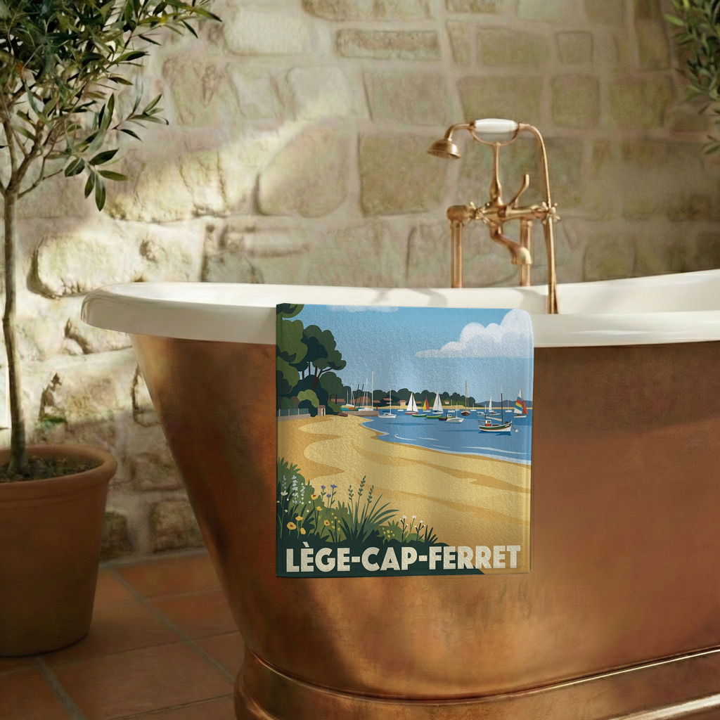 Serviette de bain souvenir de la ville de Lège-Cap-Ferret avec une illustration stylisée.