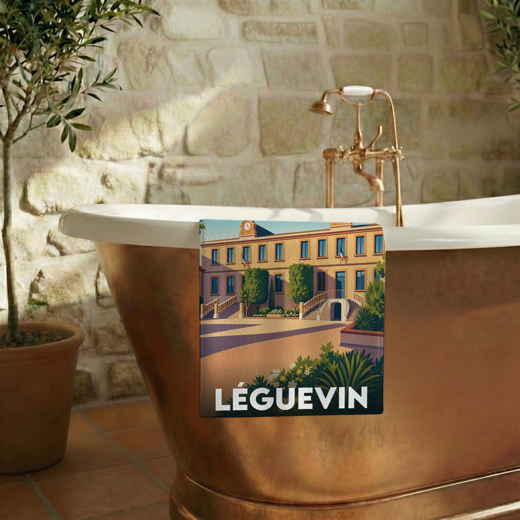 Serviette de bain souvenir de la ville de Léguevin avec une illustration stylisée.