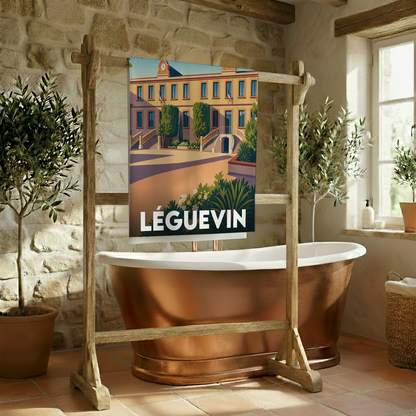Serviette de bain souvenir de la ville de Léguevin avec une illustration stylisée de son architecture.