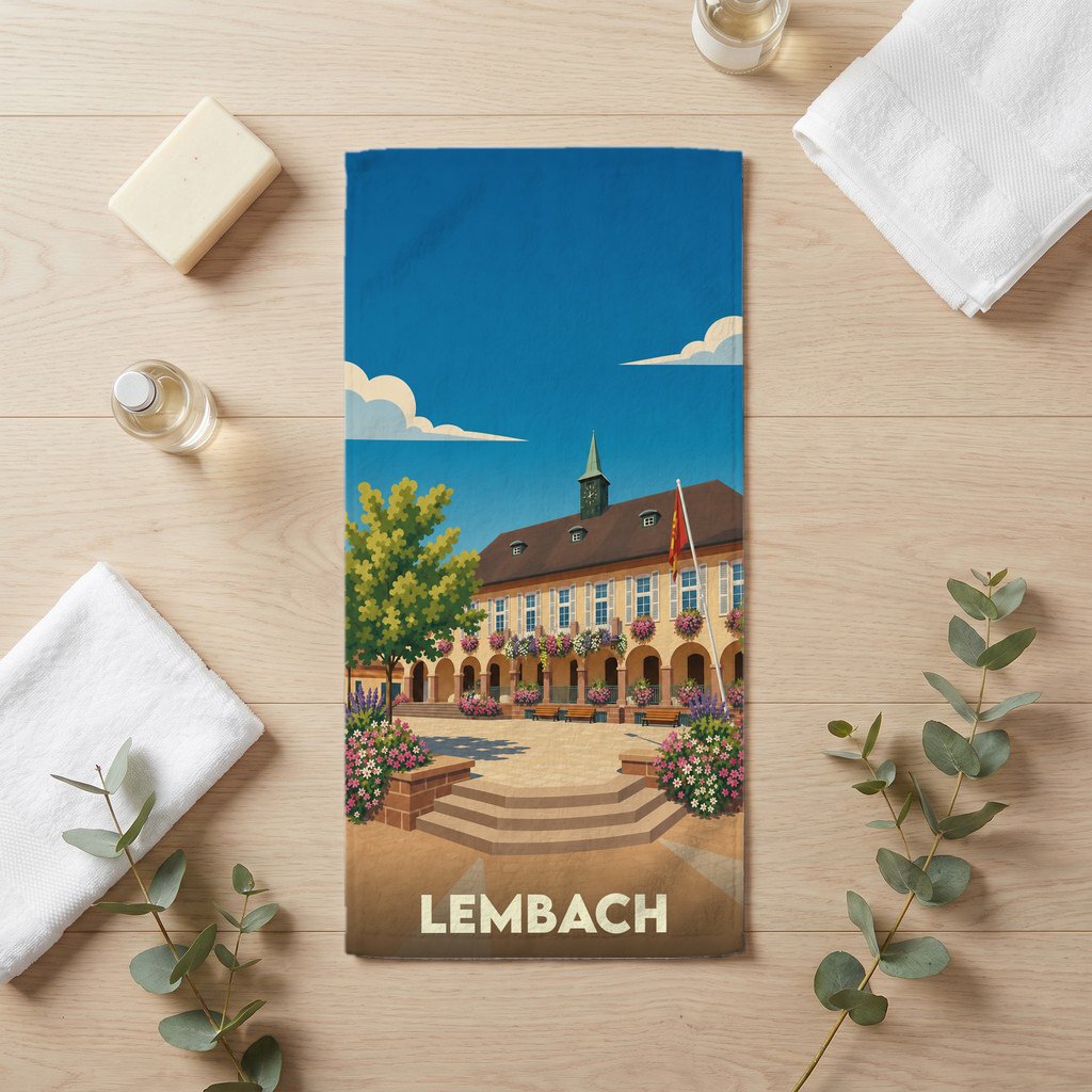 Serviette de bain souvenir de la ville de Lembach ornée d'une illustration stylisée de son architecture fleurie.