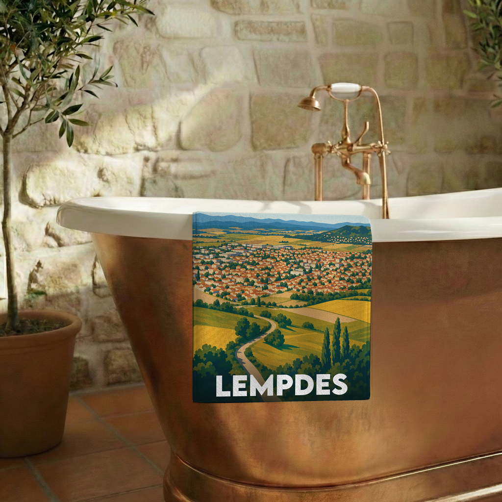 Serviette de bain souvenir de la ville de Lempdes avec une illustration stylisée de son paysage urbain et rural.