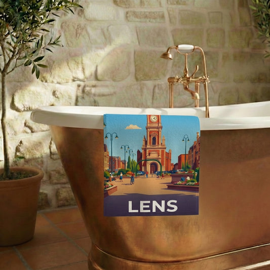 Serviette de bain souvenir de la ville de Lens avec une illustration stylisée.