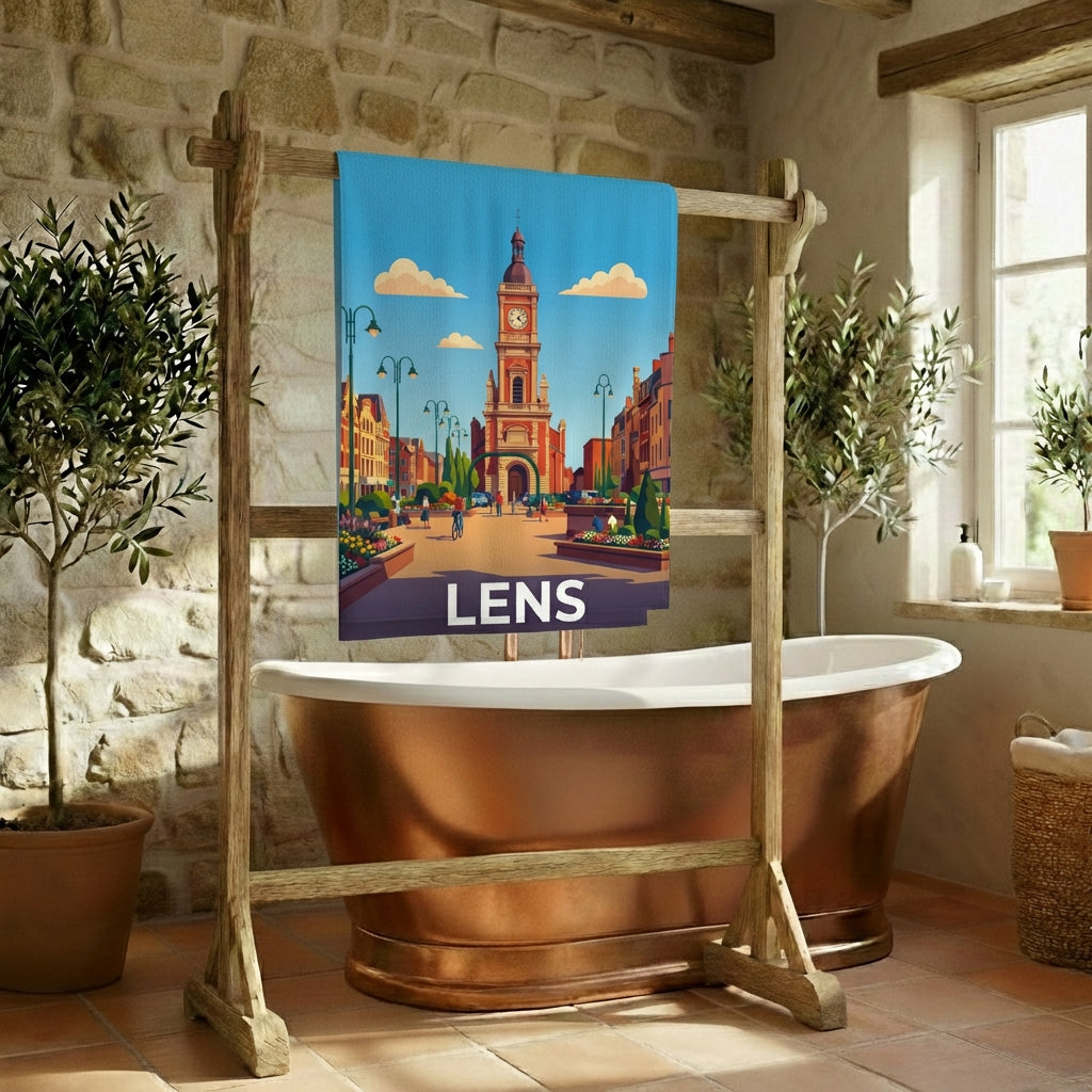 Serviette de bain souvenir de la ville de Lens avec une illustration stylisée de son architecture.