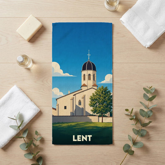 Serviette de bain souvenir de la ville de Lent avec une illustration stylisée d'une église.
