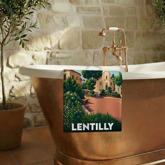 Serviette de bain souvenir de la ville de Lentilly avec une illustration stylisée d'un paysage urbain.