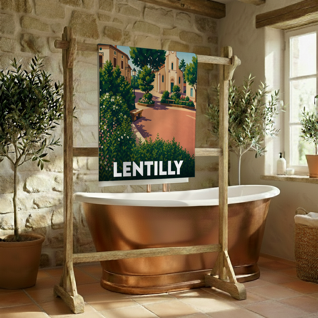 Serviette de bain souvenir de la ville de Lentilly avec une illustration stylisée.