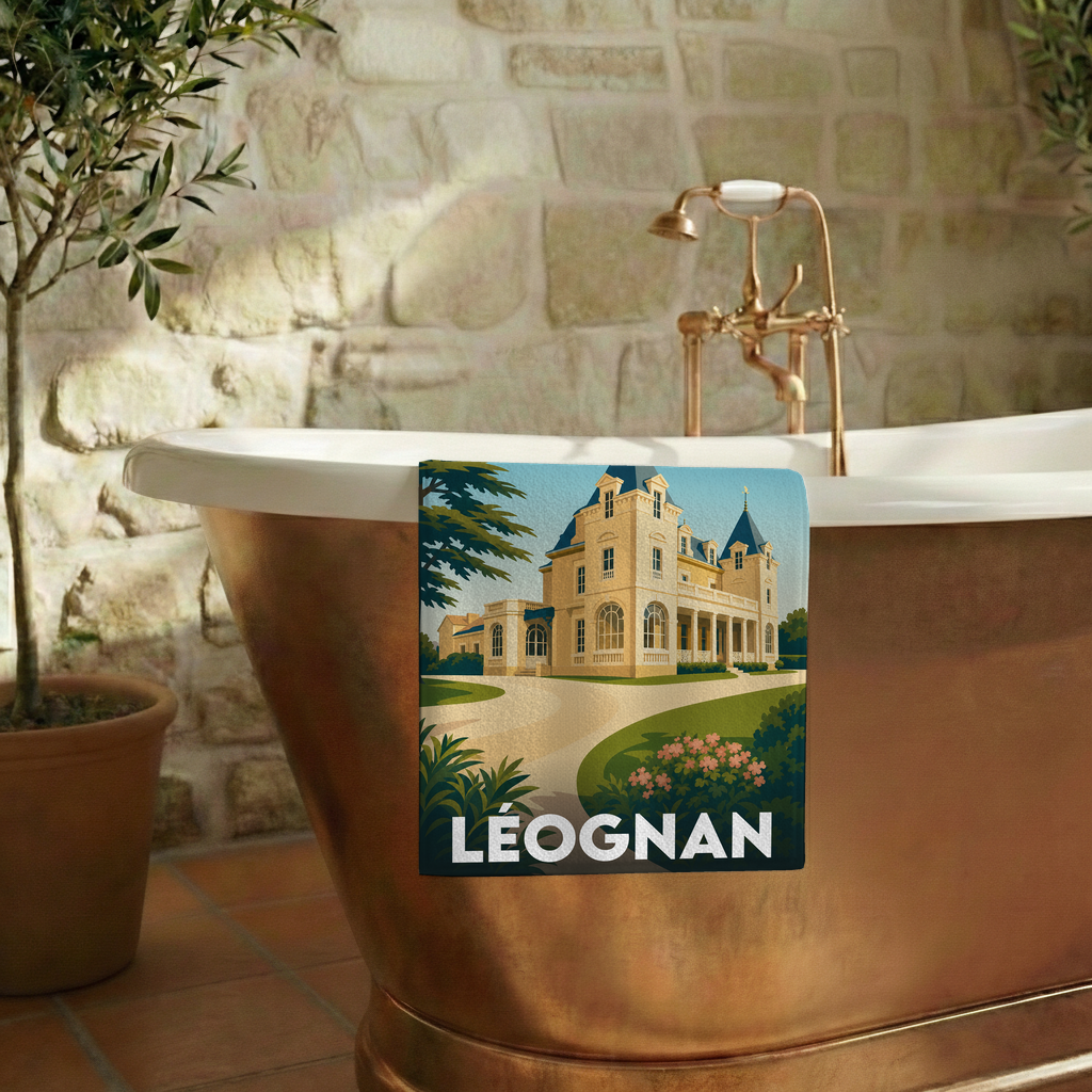 Serviette de bain souvenir de la ville de Léognan avec une illustration stylisée d'un château.