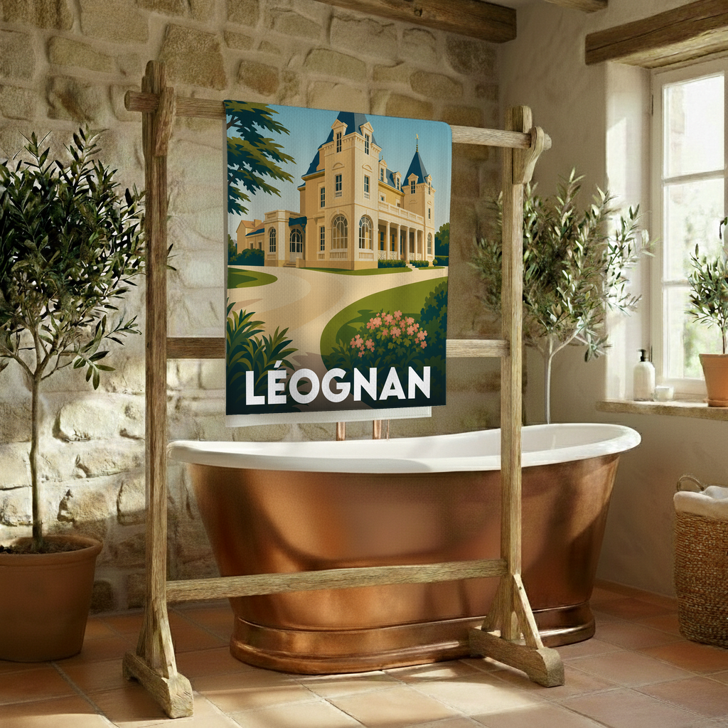 Serviette de bain souvenir de la ville de Léognan illustrée d'un château de style classique.