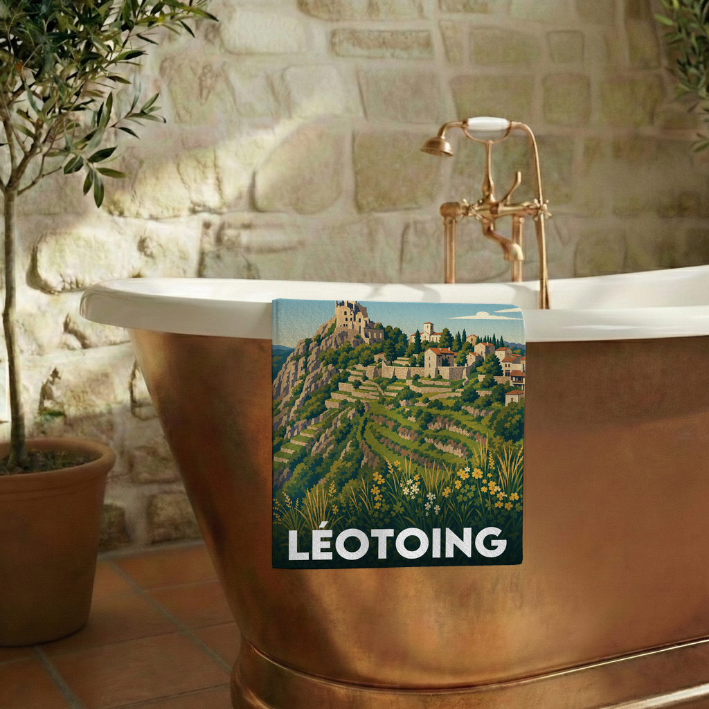 Serviette de bain souvenir de la ville de Léotoing avec une illustration stylisée.