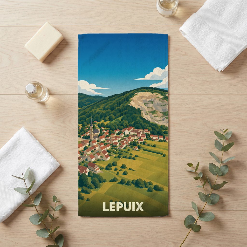 Serviette de bain souvenir de la ville de Lepuix avec une illustration stylisée de son paysage.