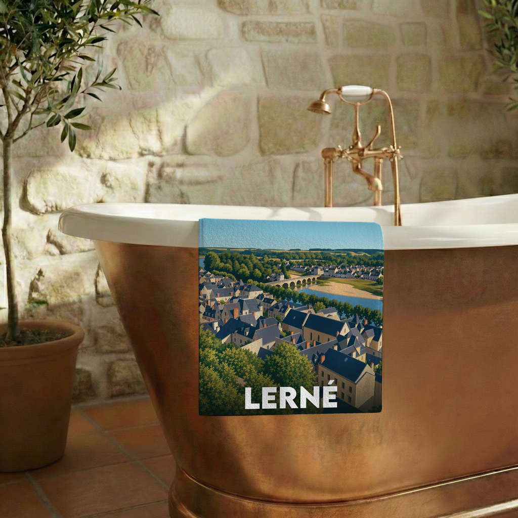 Serviette de bain souvenir de la ville de Lerné avec une illustration stylisée.