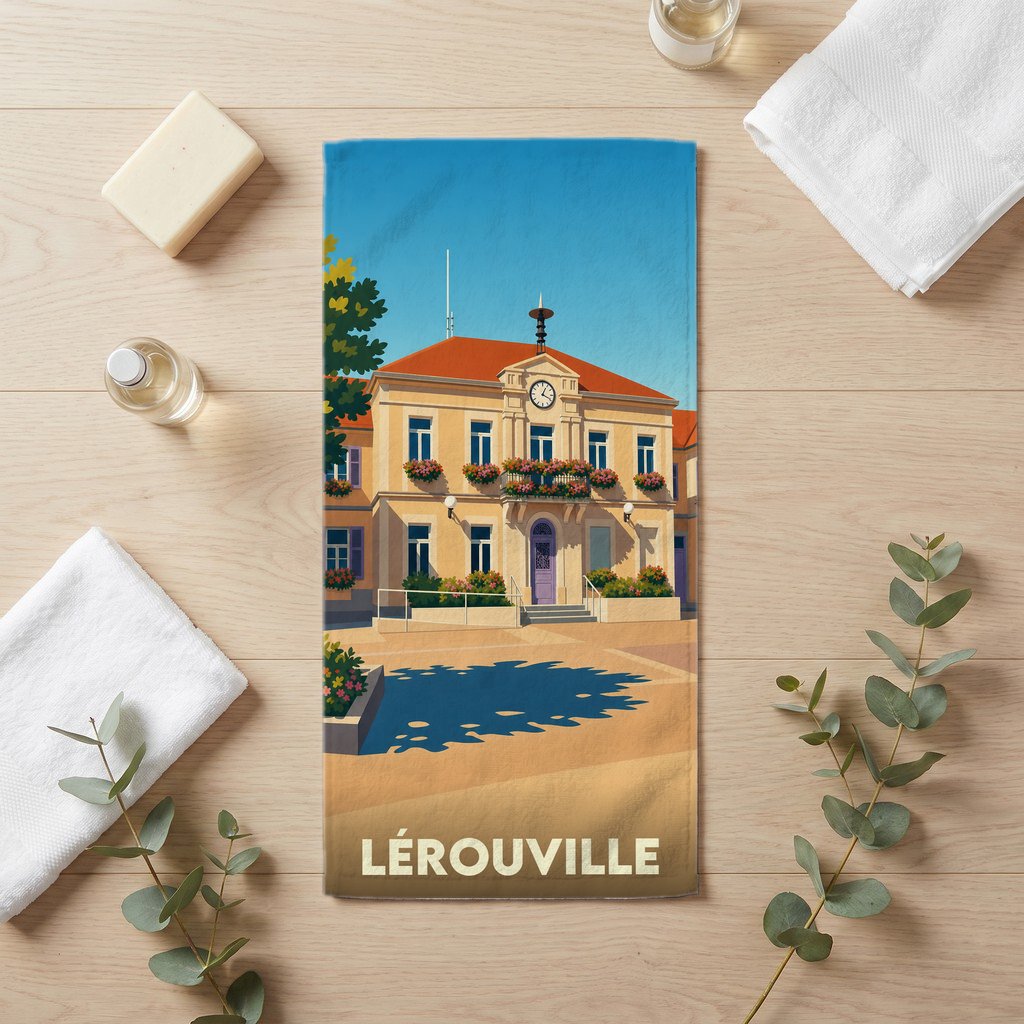 Serviette de bain souvenir de la ville de Lérouville avec une illustration stylisée de l'hôtel de ville.