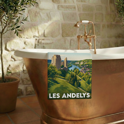 Serviette de bain souvenir de la ville de Les Andelys avec une illustration stylisée du Château-Gaillard.