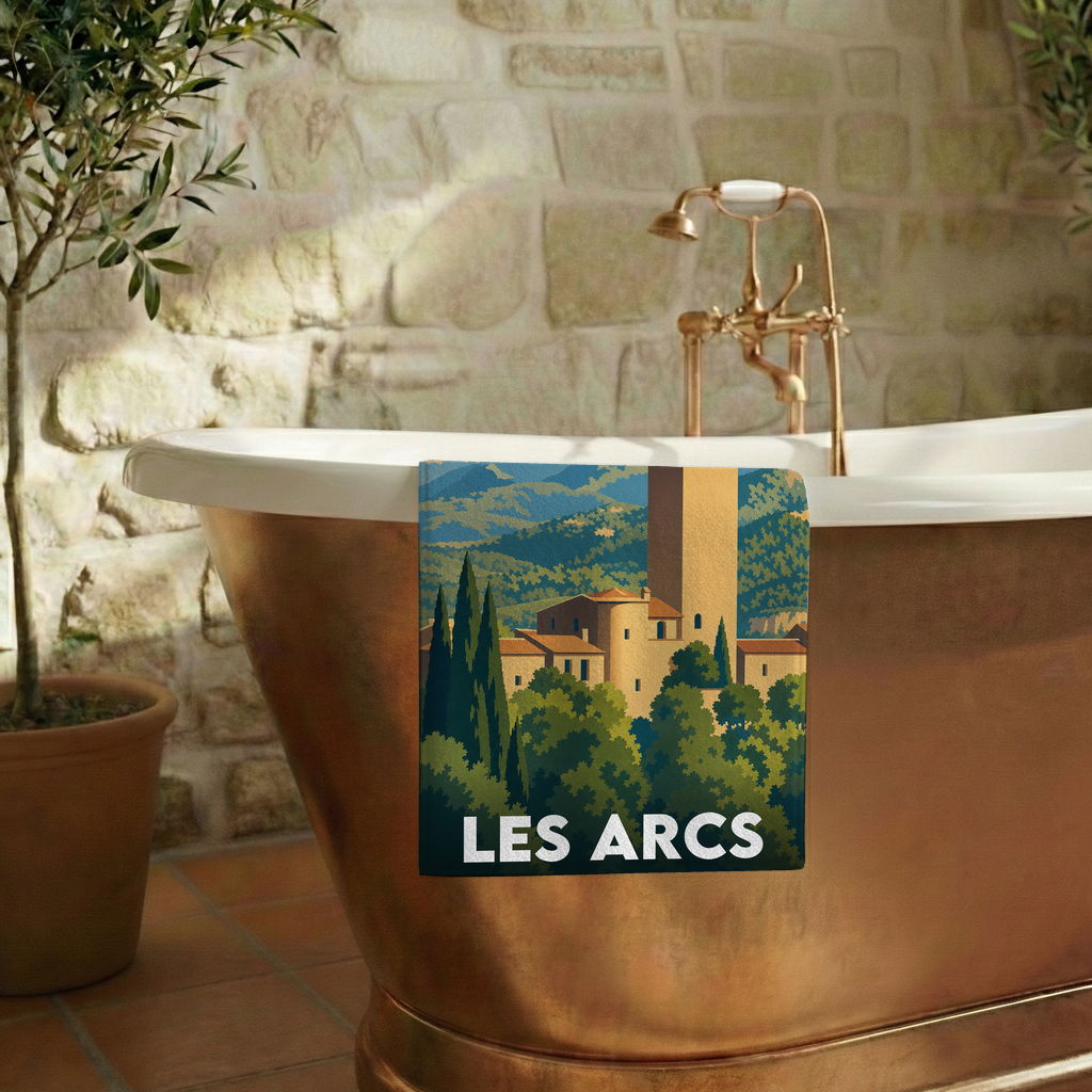 Serviette de bain souvenir de la ville de Les Arcs avec une illustration stylisée.