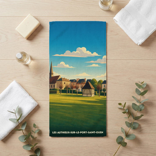 Serviette de bain souvenir de la ville de Les Authieux-sur-le-Port-Saint-Ouen avec une illustration stylisée.