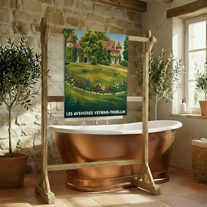 Serviette de bain souvenir de la ville de Les Avenières Veyrins-Thuellin avec une illustration stylisée de son château.