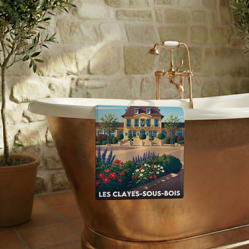 Serviette de bain souvenir de la ville des Clayes-sous-Bois avec une illustration stylisée.