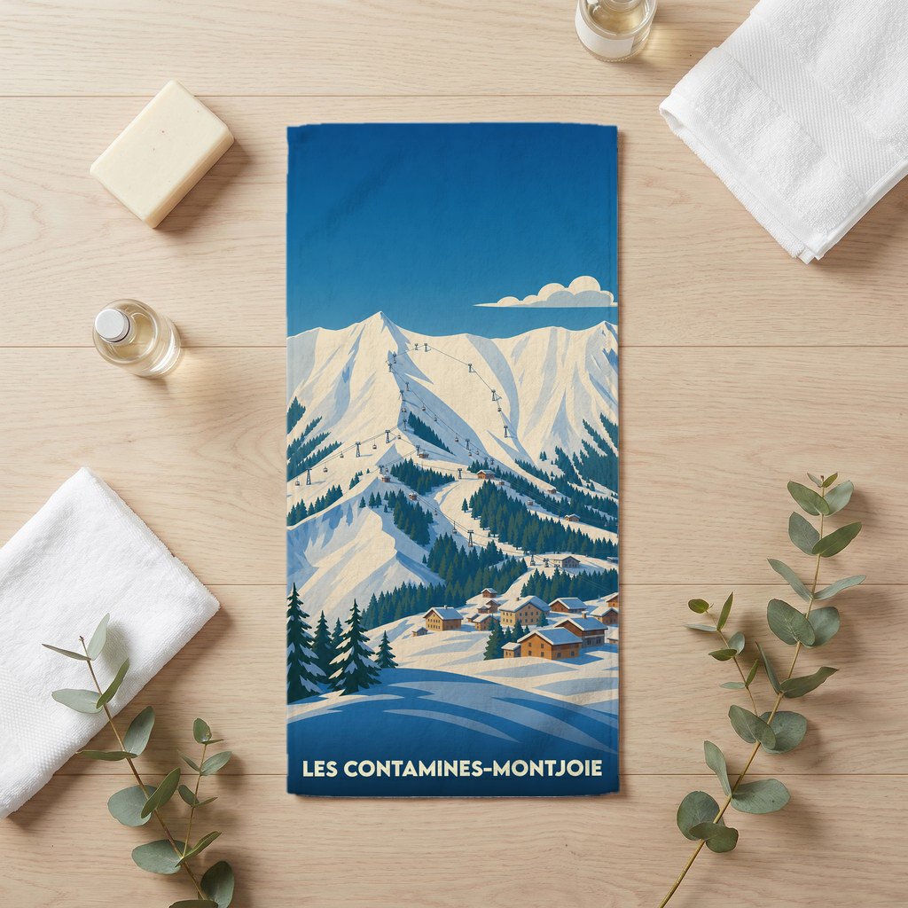 Serviette de bain souvenir de la ville de Les Contamines-Montjoie avec une illustration de station de ski.