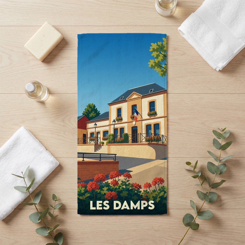 Serviette de bain souvenir de la ville de Les Damps avec une illustration stylisée.