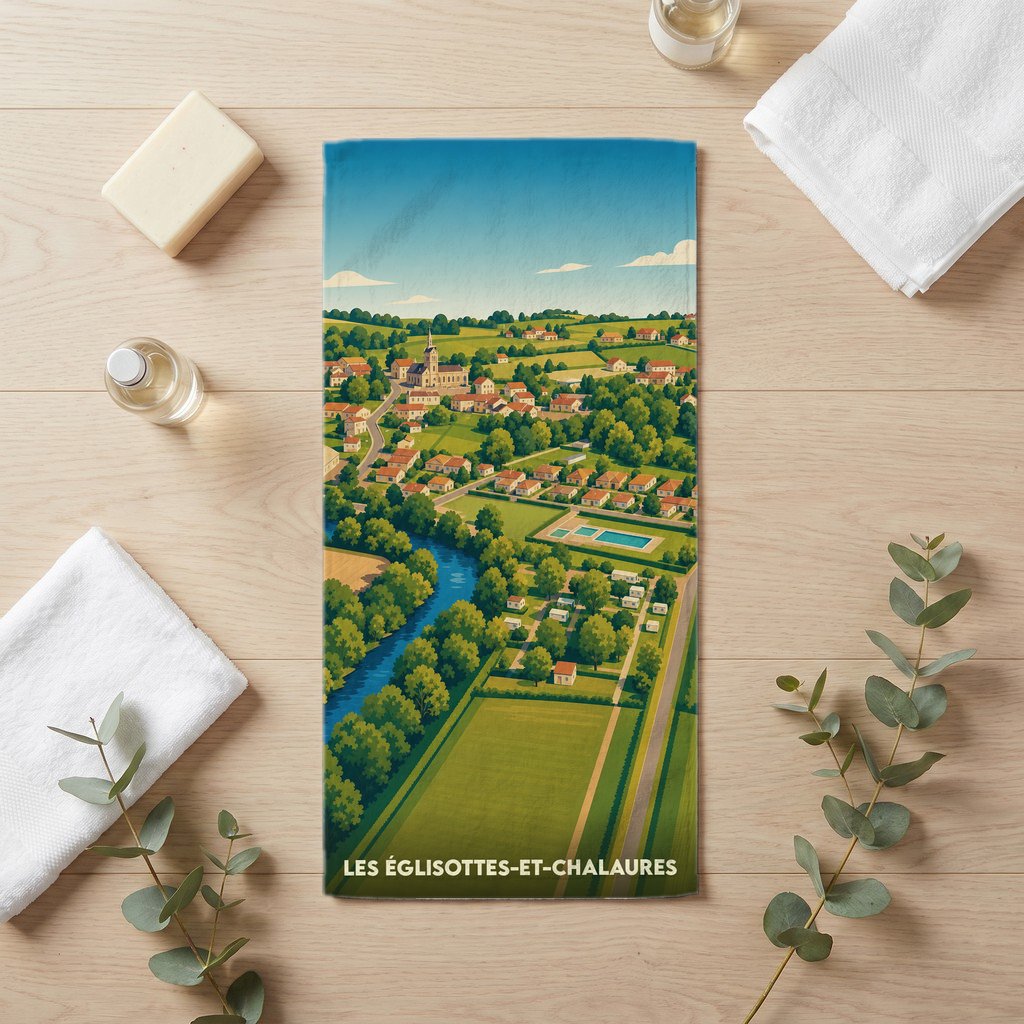 Serviette de bain souvenir de la ville de Les Églisottes-et-Chalaures avec une illustration stylisée de son paysage.