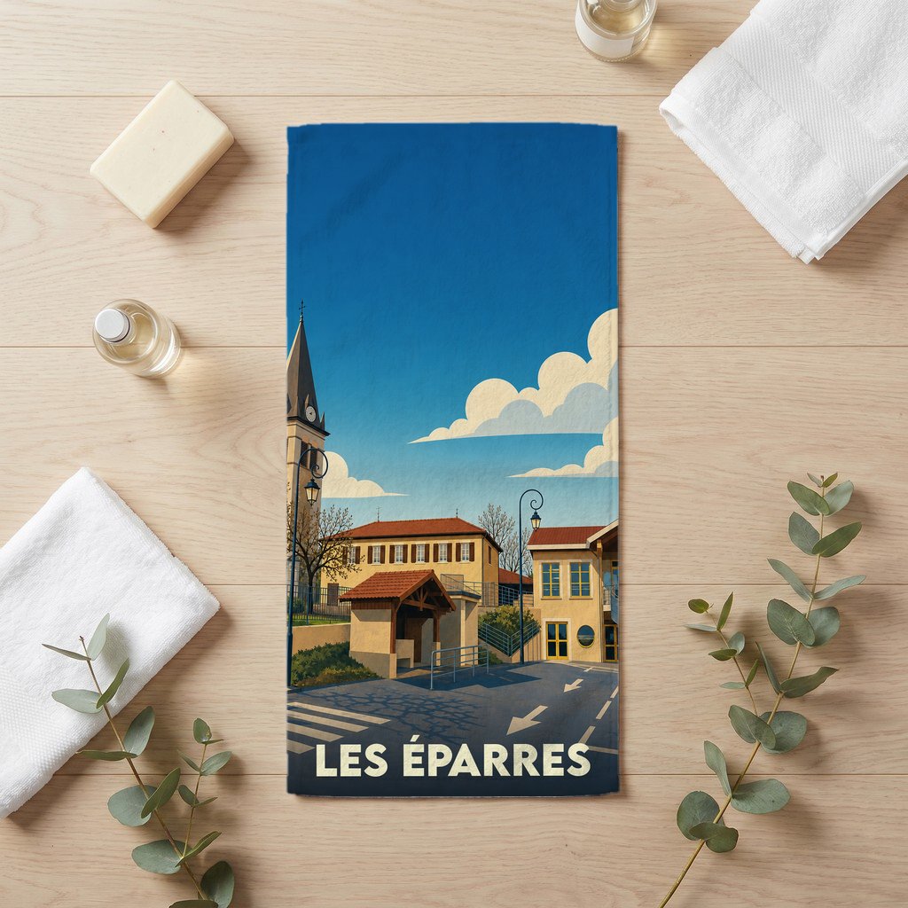 Serviette de bain souvenir de la ville de Les Éparres avec une illustration stylisée.