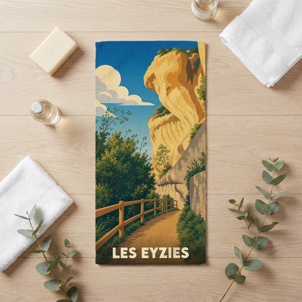 Serviette de bain souvenir de la ville de Les Eyzies avec une illustration de ses célèbres falaises.
