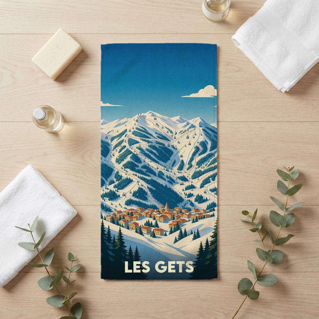 Serviette de bain souvenir de la ville de Les Gets avec une illustration stylisée d'une station de ski.