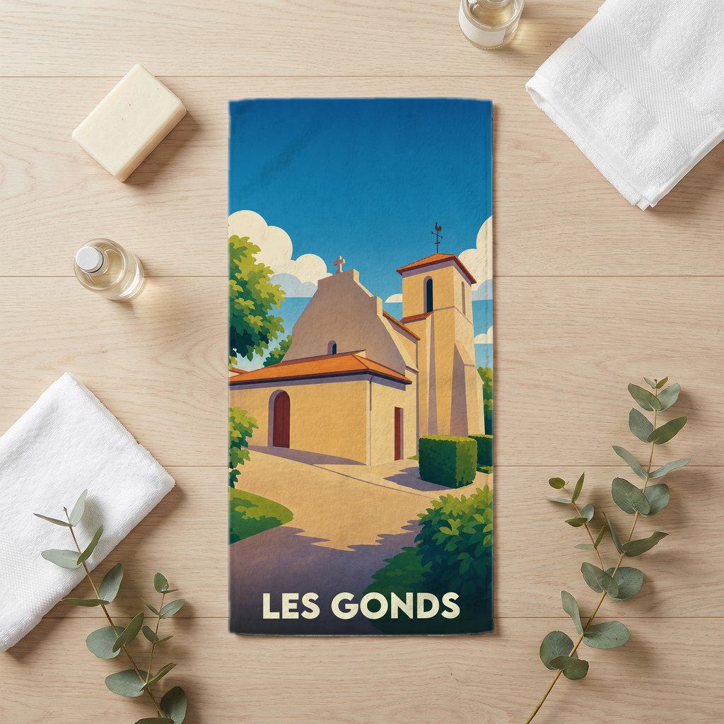 Serviette de bain souvenir de la ville de Les Gonds avec une illustration stylisée de son église.