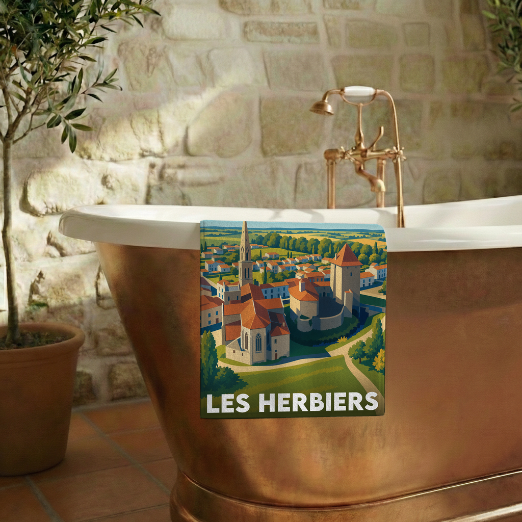 Serviette de bain souvenir de la ville de Les Herbiers avec une illustration stylisée.