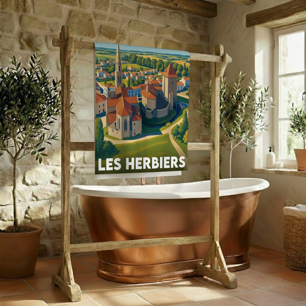 Serviette de bain souvenir de la ville de Les Herbiers avec une illustration stylisée.