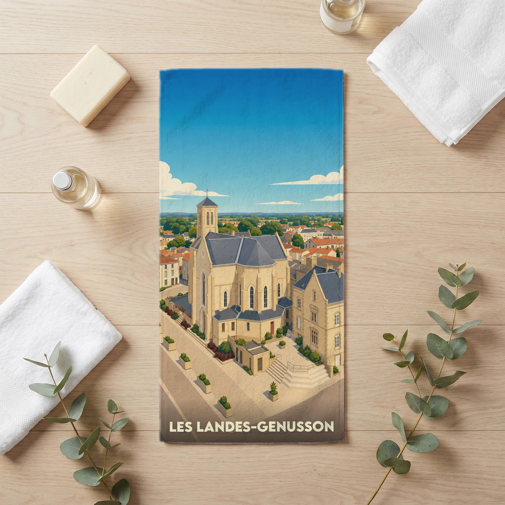 Serviette de bain souvenir de la ville de Les Landes-Genusson avec une illustration stylisée.