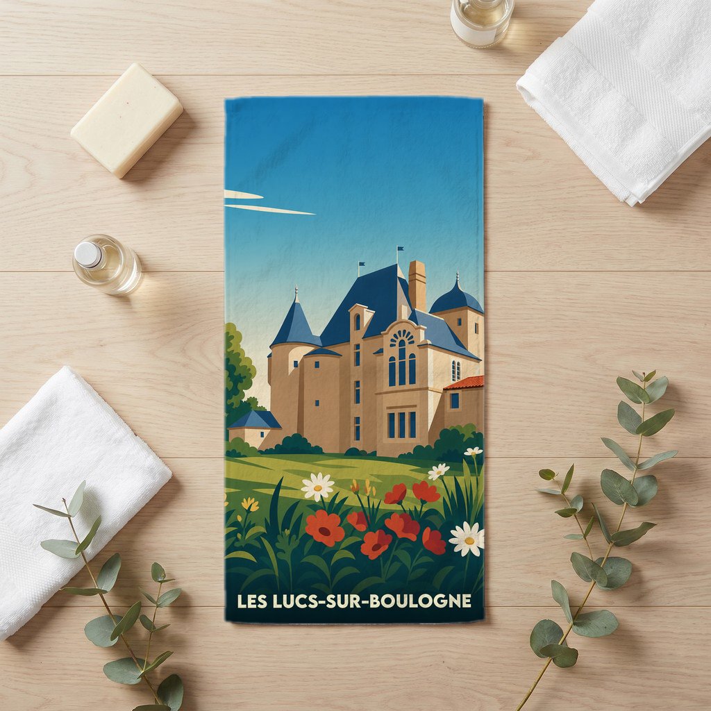 Serviette de bain souvenir de la ville de Les Lucs-sur-Boulogne avec une illustration stylisée de son château.