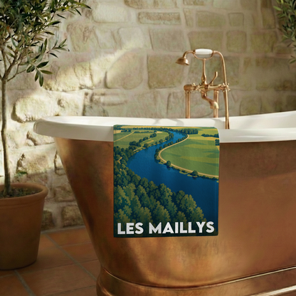 Serviette de bain souvenir de la ville de Les Maillys avec une illustration stylisée.