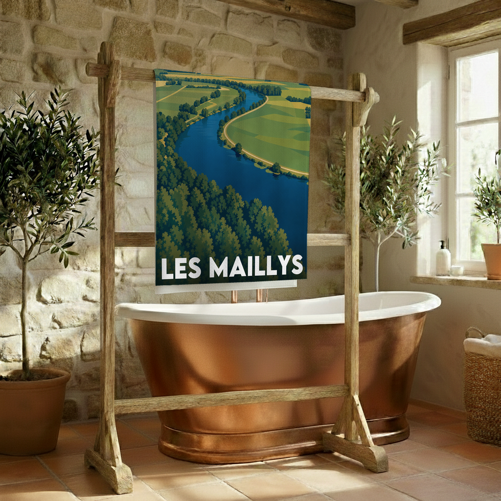 Serviette de bain souvenir de la ville de Les Maillys avec une illustration stylisée d'un paysage de rivière.