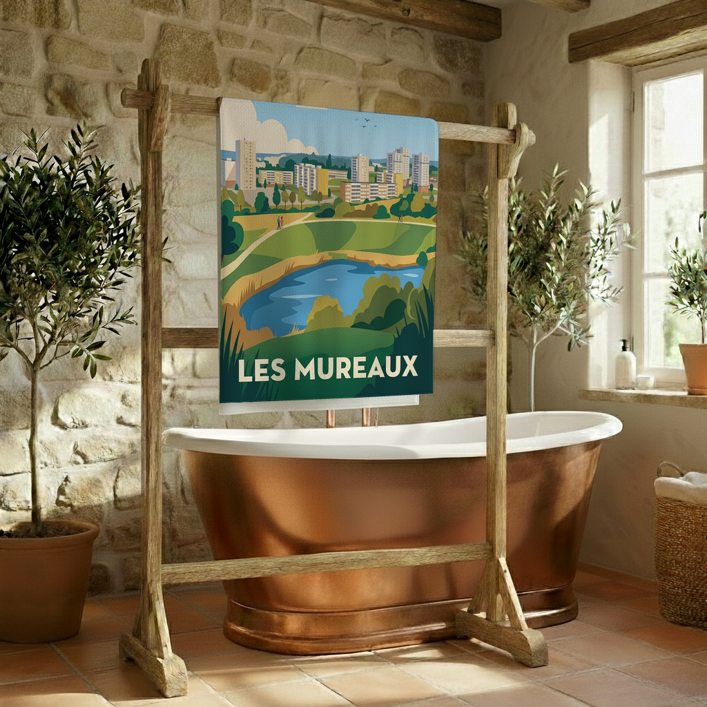 Serviette de bain souvenir de la ville de Les Mureaux avec une illustration stylisée.