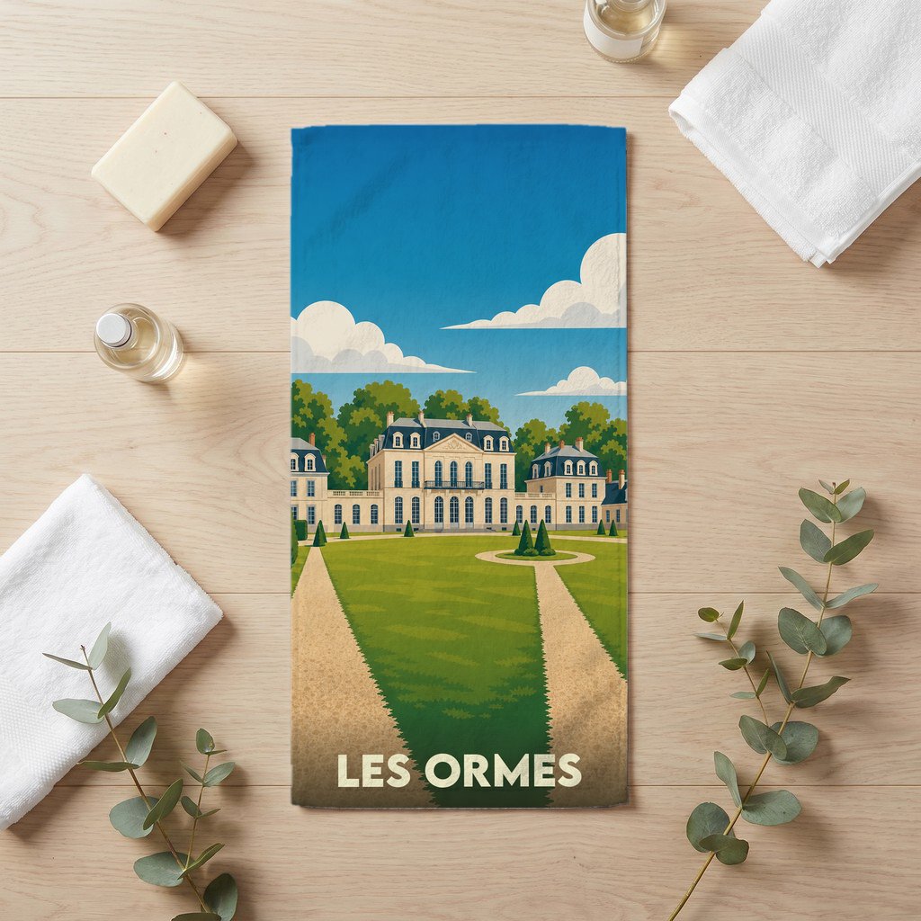 Serviette de bain souvenir de la ville de Les Ormes avec une illustration stylisée de château.