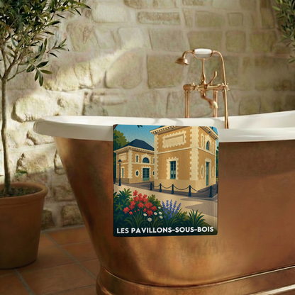Serviette de bain souvenir de la ville de Les Pavillons-sous-Bois avec une illustration stylisée.