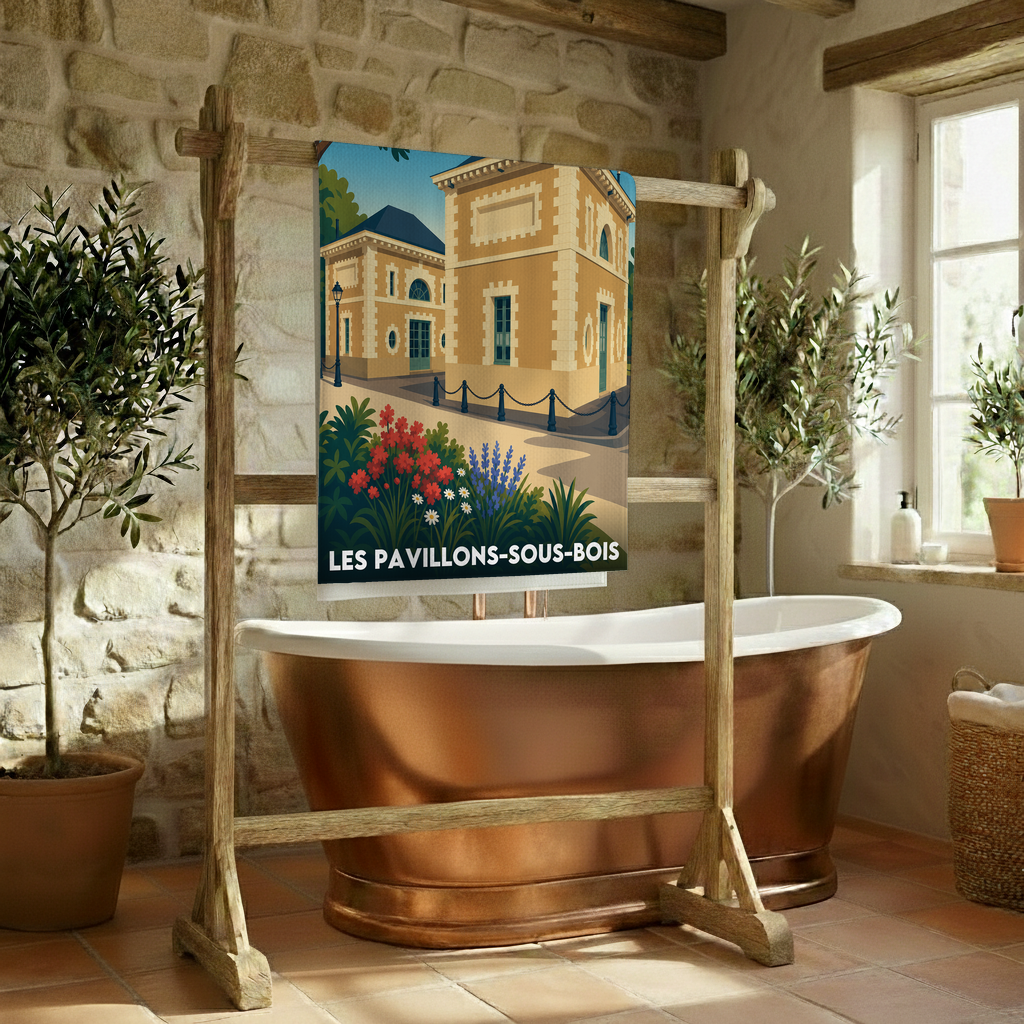 Serviette de bain souvenir de la ville de Les Pavillons-sous-Bois avec une illustration stylisée.