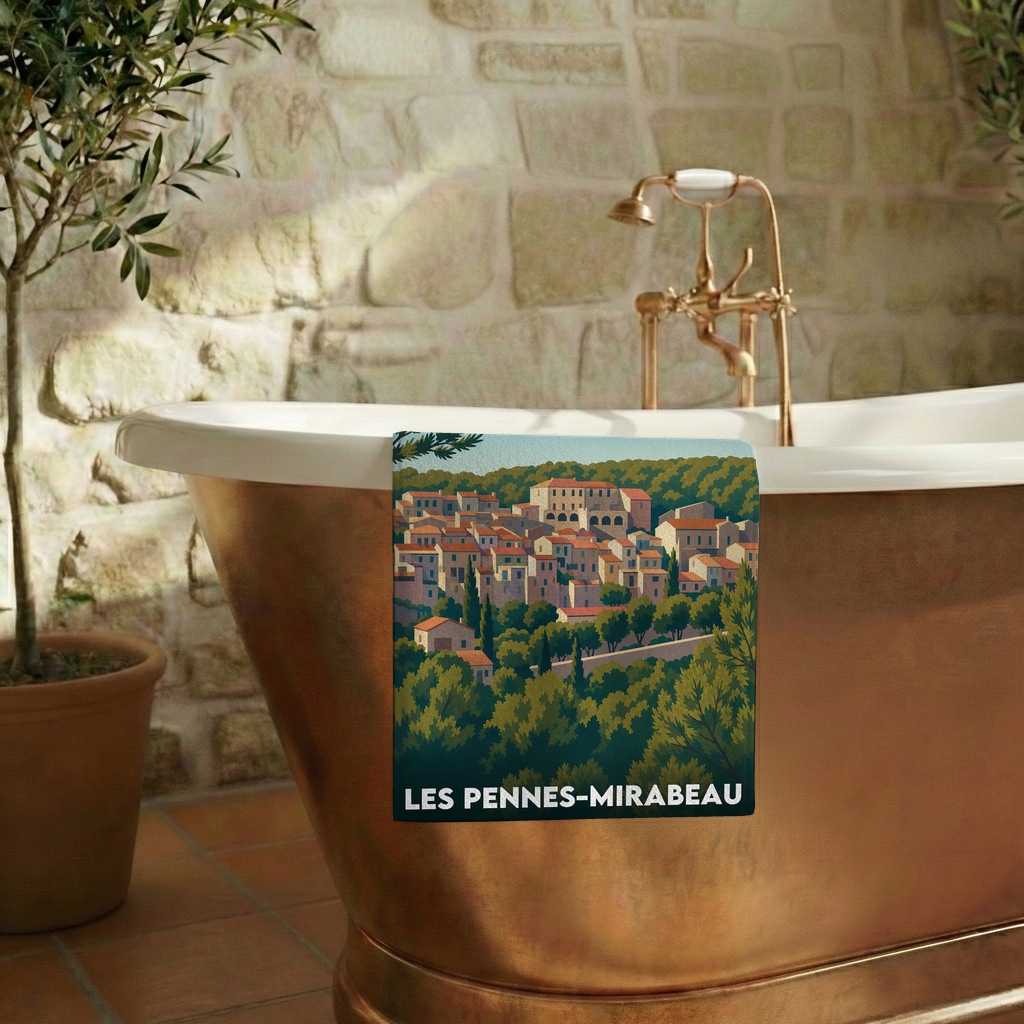 Serviette de bain souvenir de la ville de Les Pennes-Mirabeau avec une illustration stylisée.
