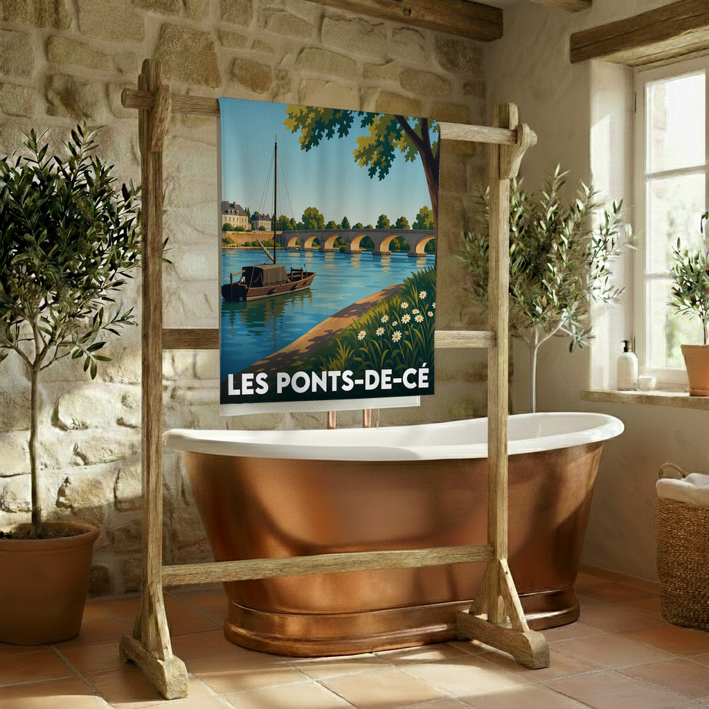 Serviette de bain souvenir de la ville de Les Ponts-de-Cé avec une illustration stylisée.