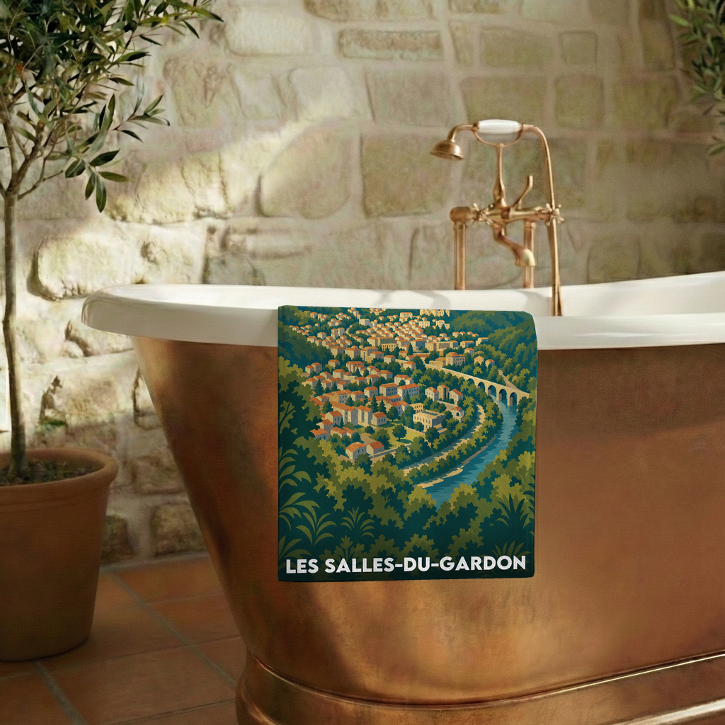 Serviette de bain souvenir de la ville de Les Salles-du-Gardon avec une illustration stylisée du paysage.